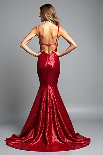 Robe de bal à paillettes à bretelles spaghetti sirène rouge